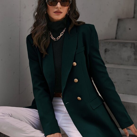 Dark Green Elegant Women's Office Double Breasted Flap Detail Blazer Workwear